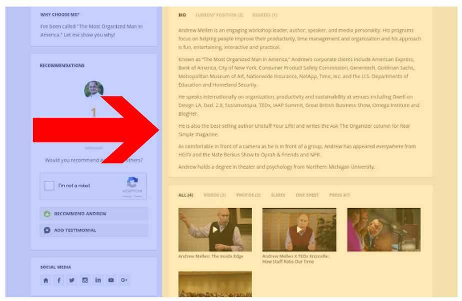 The sections of your SpeakerHub profile