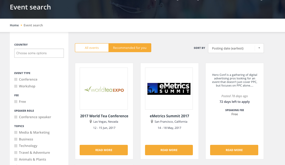 Events specially \"recommended for you\"